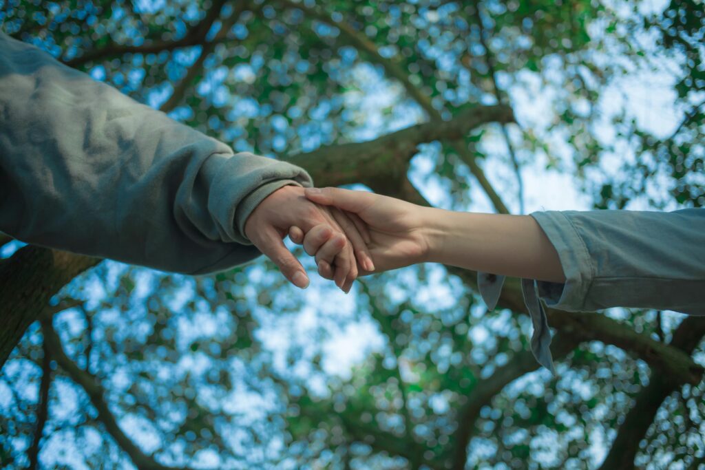pexels-photo-29937523-29937523 Two hands clasping under a leafy tree, symbolizing connection and support.