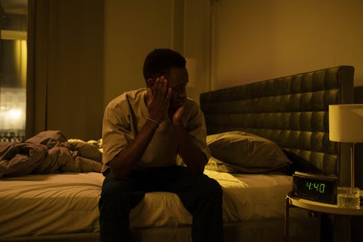 pexels-photo-6944005-6944005-1 African American man sitting on a bed struggling with insomnia at night.